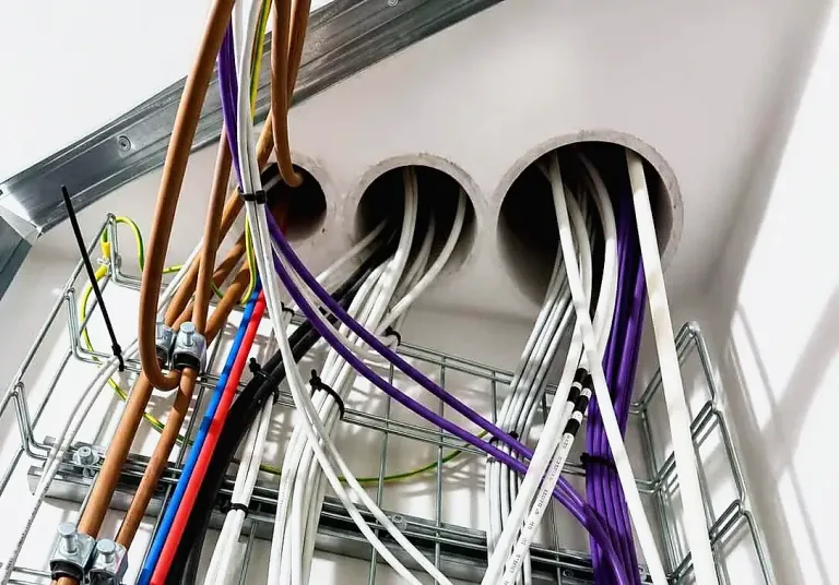 Elektroinstalační kabely vedené přes kruhové průchody ve stěně při rekonstrukci elektroinstalace