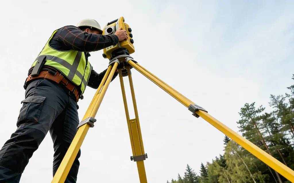 Geodet s totální stanicí při vytyčování stavby