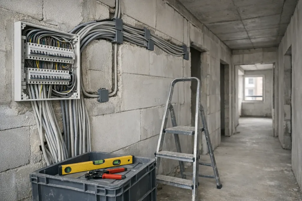 Nová elektroinstalace s rozvodnicí a kabelovými svazky v rozestavěném bytovém domě