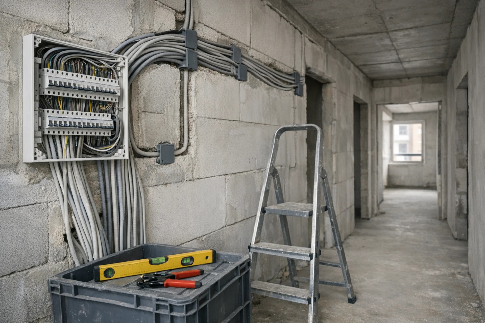 Nová elektroinstalace s rozvodnicí a kabelovými svazky v rozestavěném bytovém domě