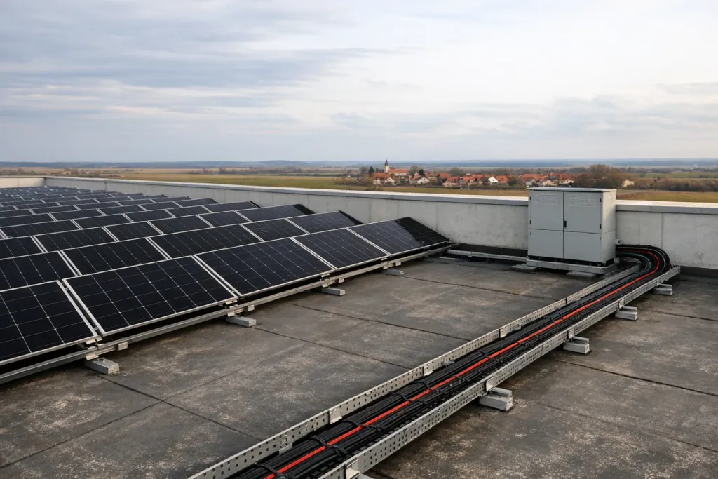 Řady fotovoltaických panelů na ploché střeše průmyslové haly