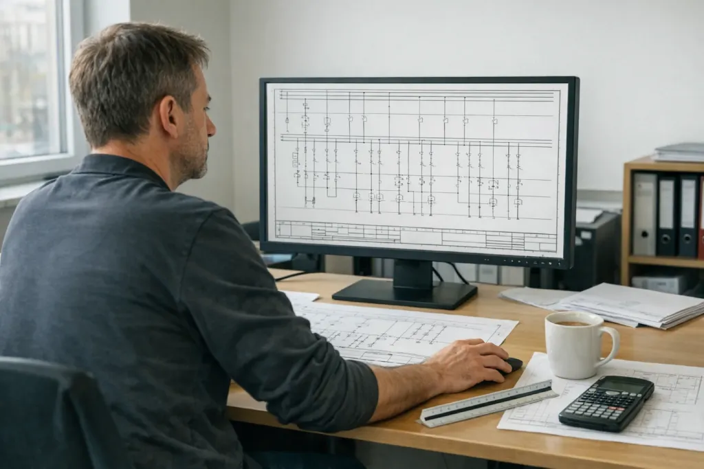 Projektant pracuje na monitoru se schématem elektrické instalace, na stole výkresy a měřítko