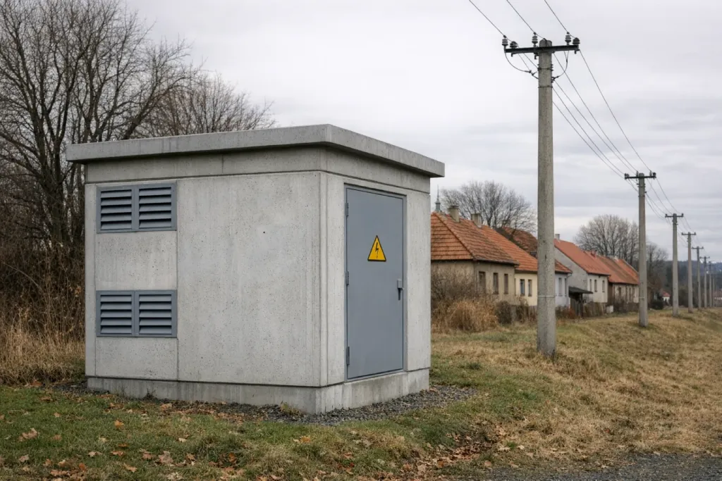 Kiosková trafostanice s nadzemním vedením VN na okraji obce