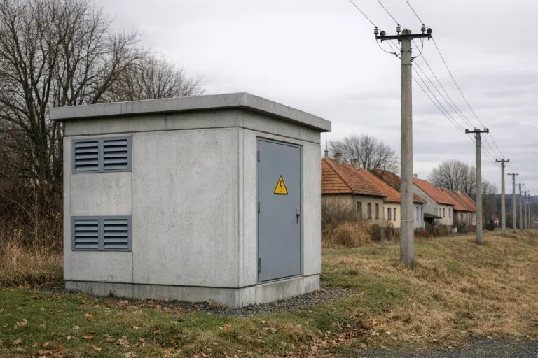 Kiosková trafostanice s nadzemním vedením VN na okraji obce