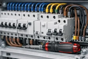 Detail modulárních jističů na DIN liště s barevně rozlišenými vodiči