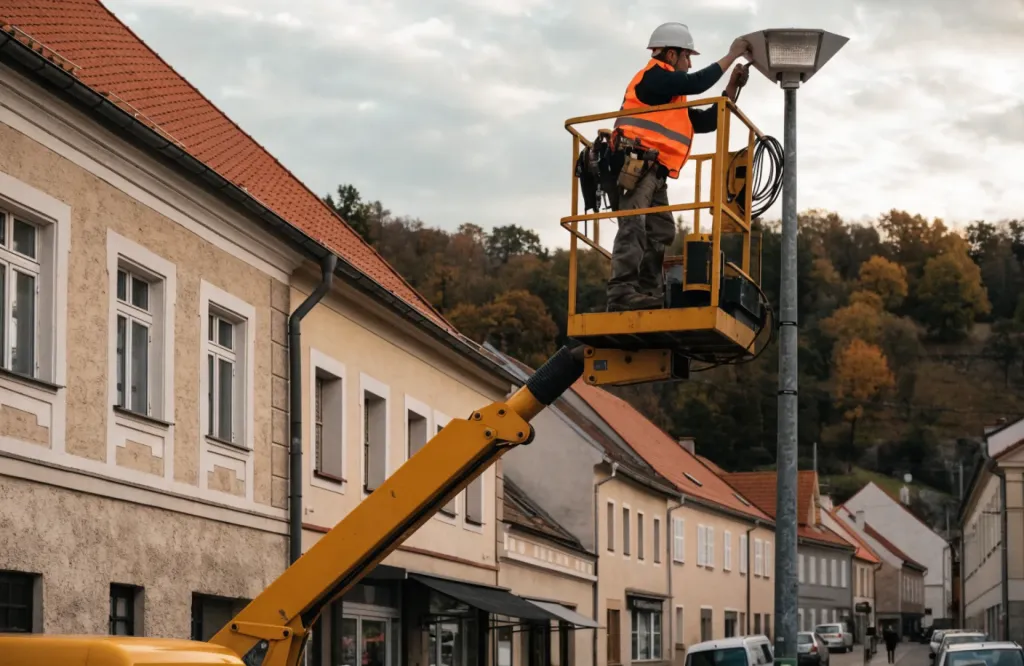 Elektromontér instaluje LED svítidlo veřejného osvětlení z montážní plošiny ve městě