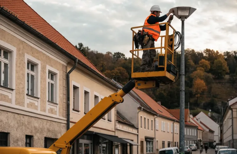 Elektromontér instaluje LED svítidlo veřejného osvětlení z montážní plošiny ve městě