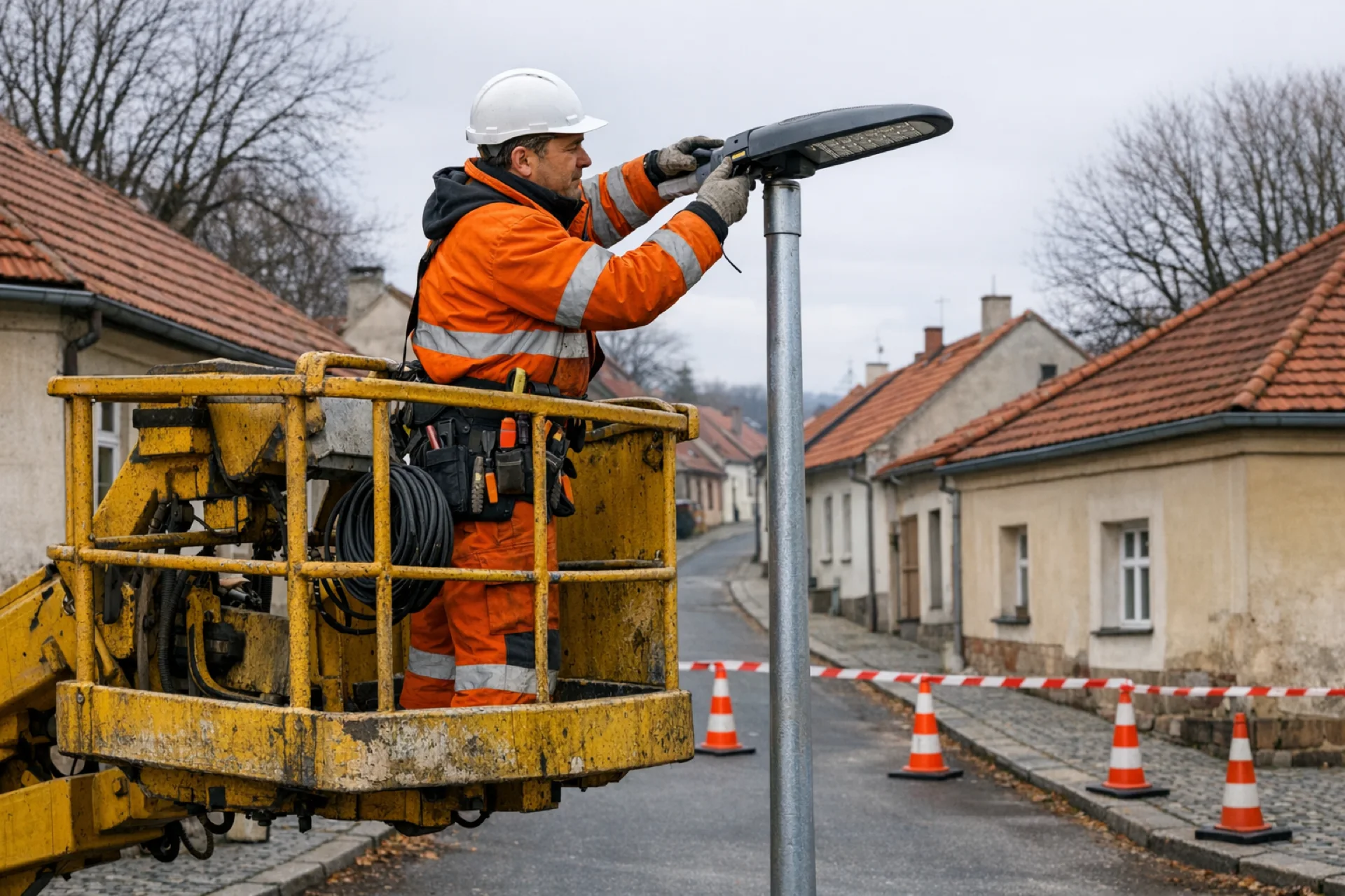 Elektromontér v oranžovém reflexním obleku instaluje LED svítidlo na stožár veřejného osvětlení z pracovní plošiny