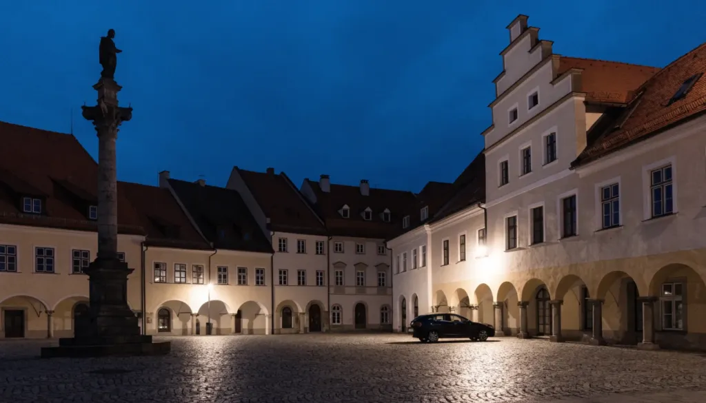 Noční osvětlení historického náměstí s kamennou dlažbou a sochou na sloupu