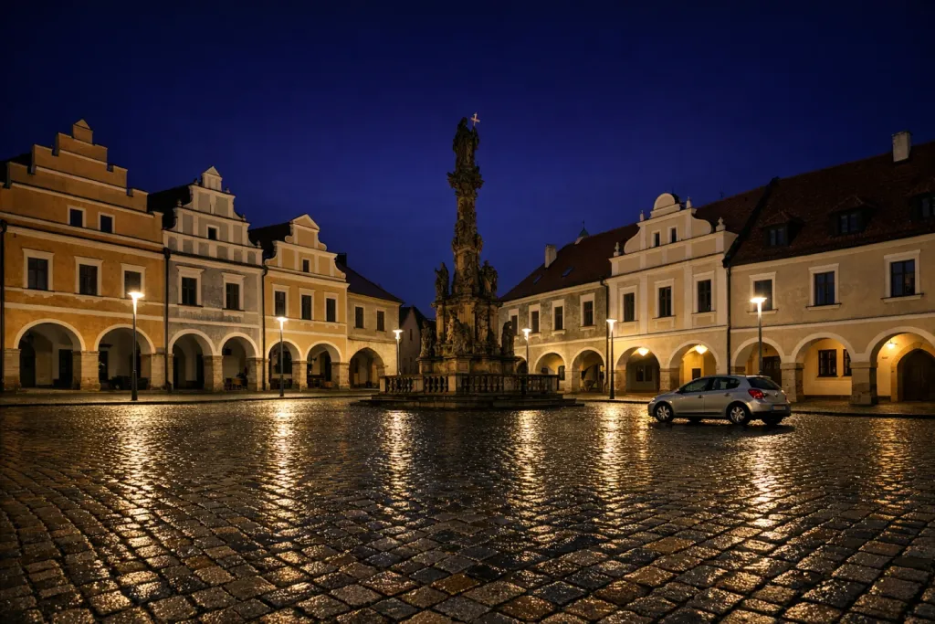 Noční náměstí menšího města s podloubím a morovým sloupem osvětlené LED svítidly