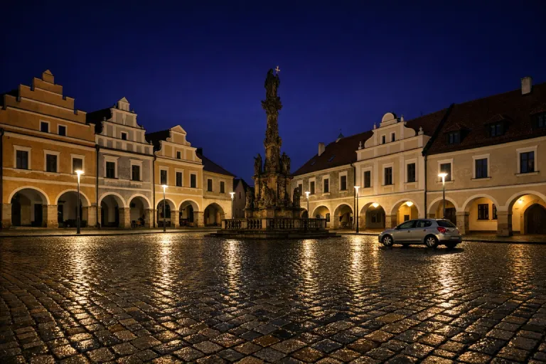 Noční náměstí s historickými domy a morovým sloupem osvětlené veřejným osvětlením