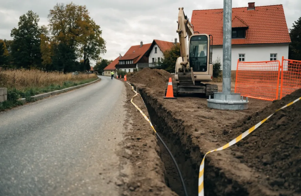 Výkop s kabelem a patka stožáru veřejného osvětlení při rekonstrukci u silnice