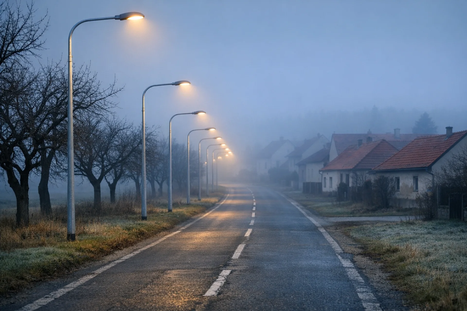 Řada veřejných lamp podél silnice za mlhavého svítání v obci