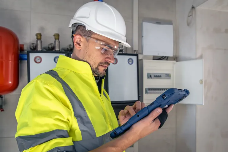 Technik v reflexní bundě kontroluje rozvaděč a zapisuje údaje do tabletu při veřejném osvětlení