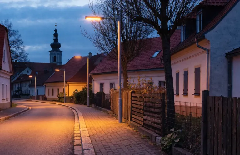 Veřejné LED osvětlení podél klidné ulice s rodinnými domy večer