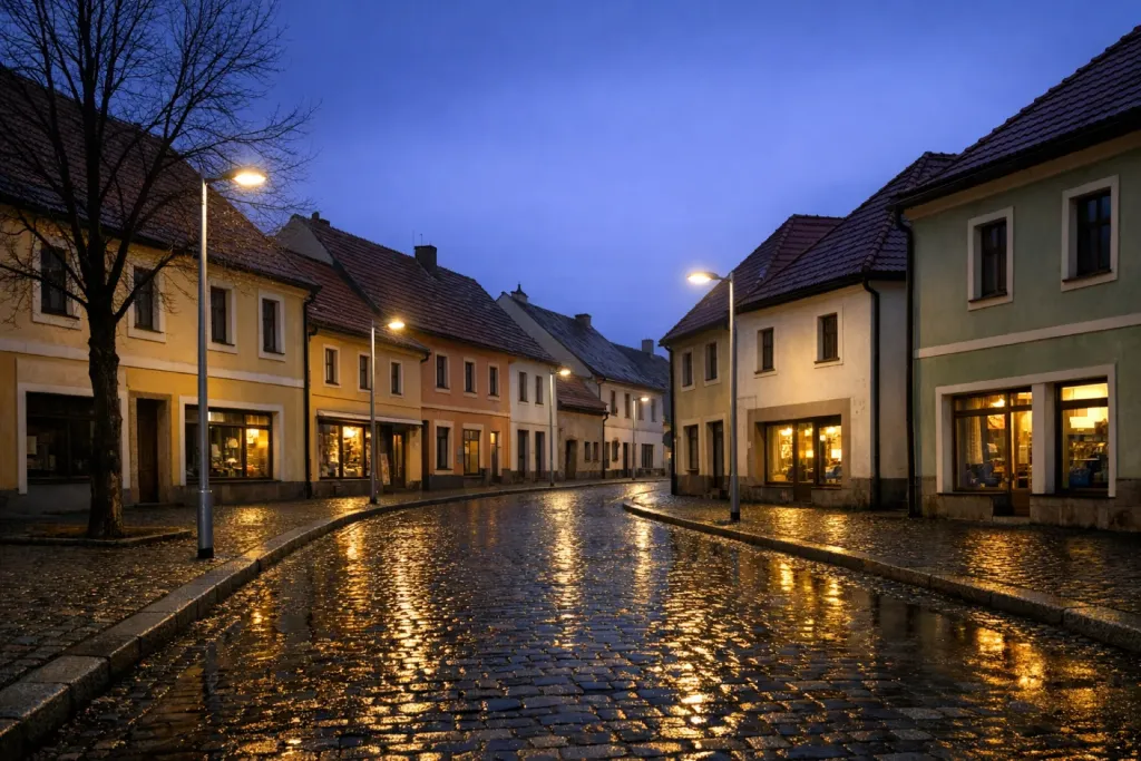 Ulice s měšťanskými domy osvětlená LED svítidly, mokrá dlažba odráží světlo lamp