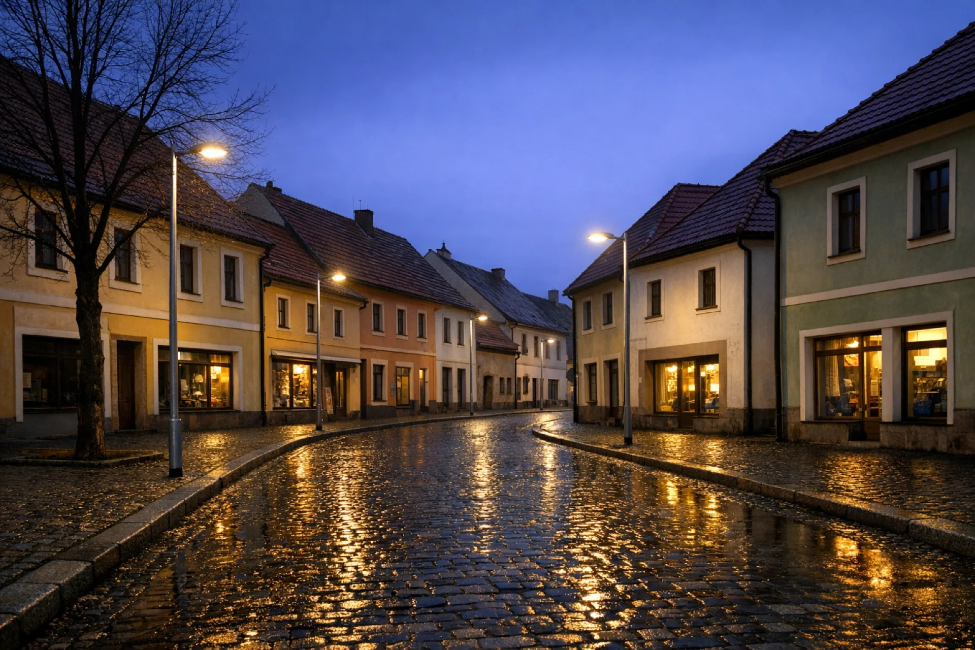 Ulice s měšťanskými domy osvětlená veřejným osvětlením za soumraku