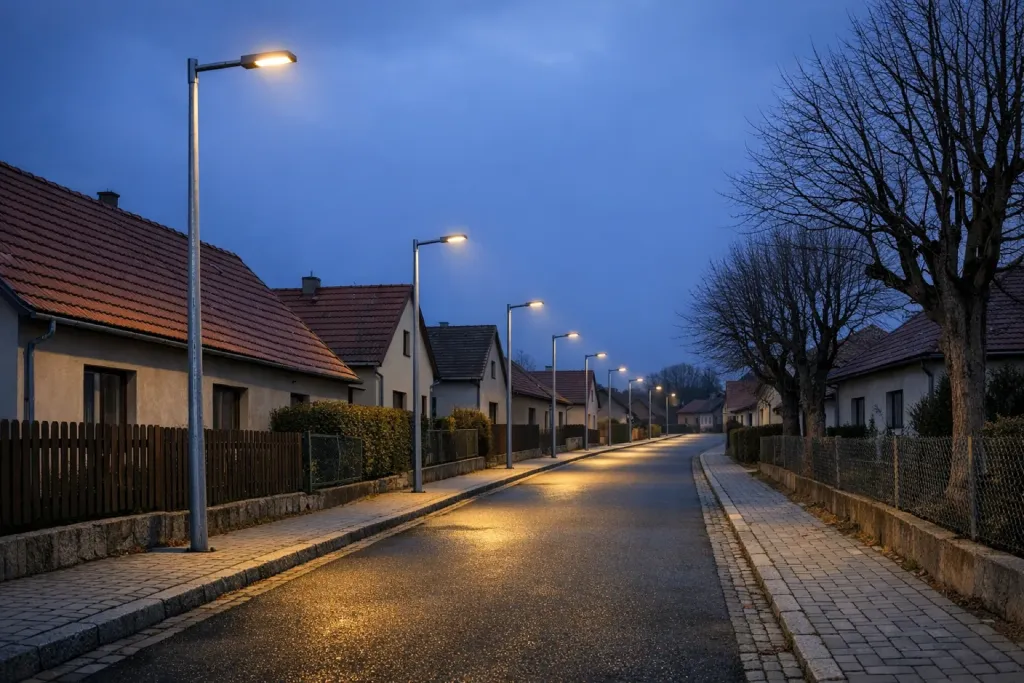 Řada nových stožárů s LED svítidly podél ulice s rodinnými domy